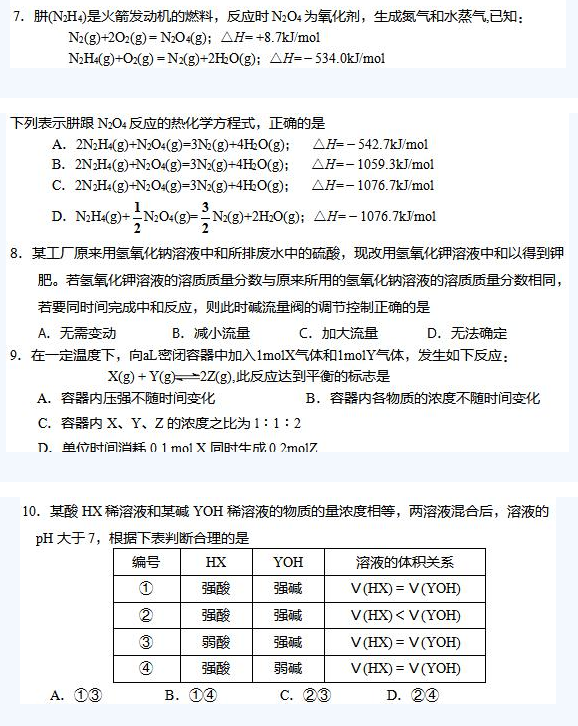 2020年成人高考高起本化學練習試題及答案4